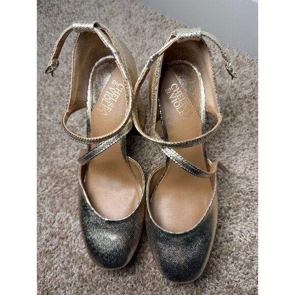 Chelsea & Violet Women Metalic Gold Chunky High Heels Ankle Strap Size 8 - Picture 1 of 7